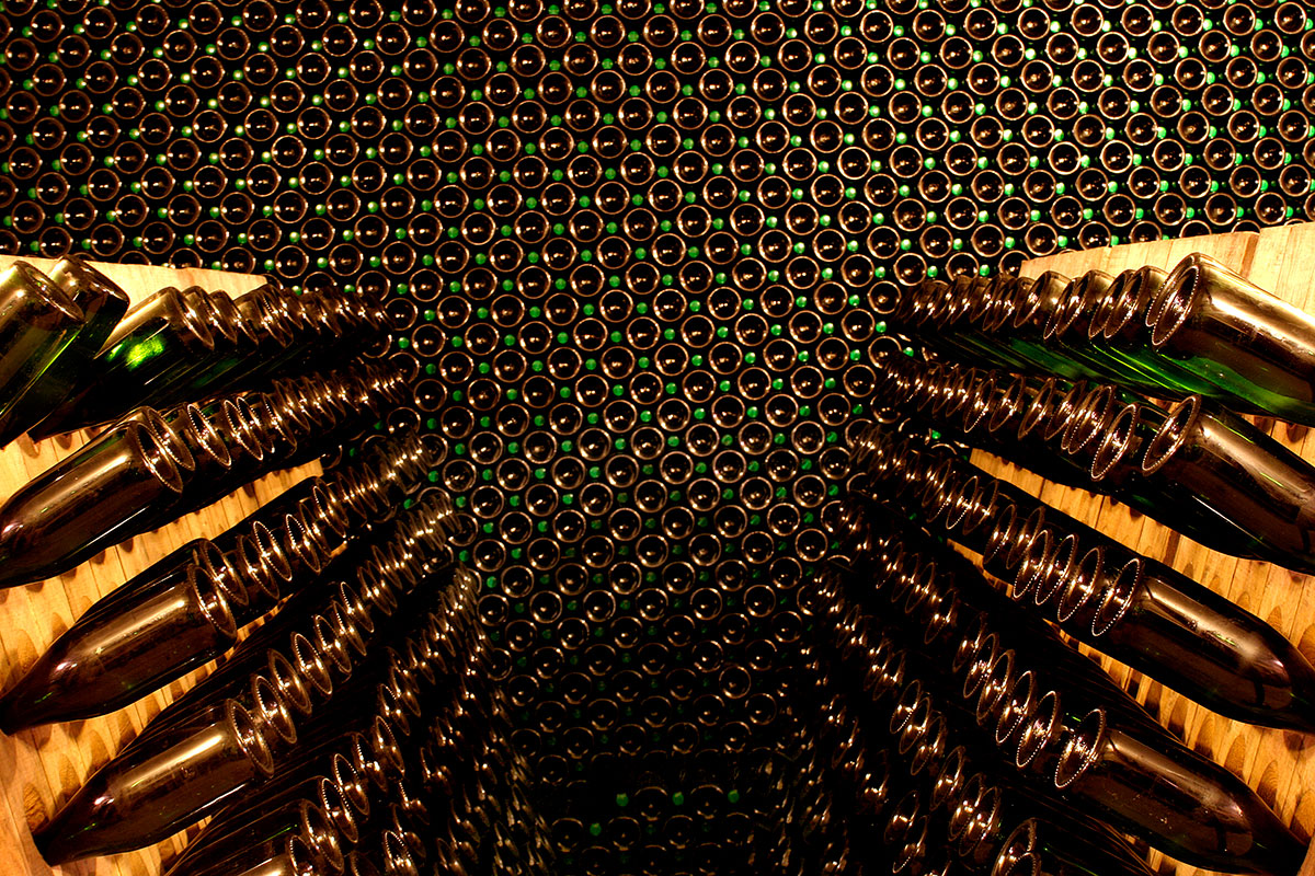 Several champagne bottles in riddling racks. Photo Credit to Nicole Young.