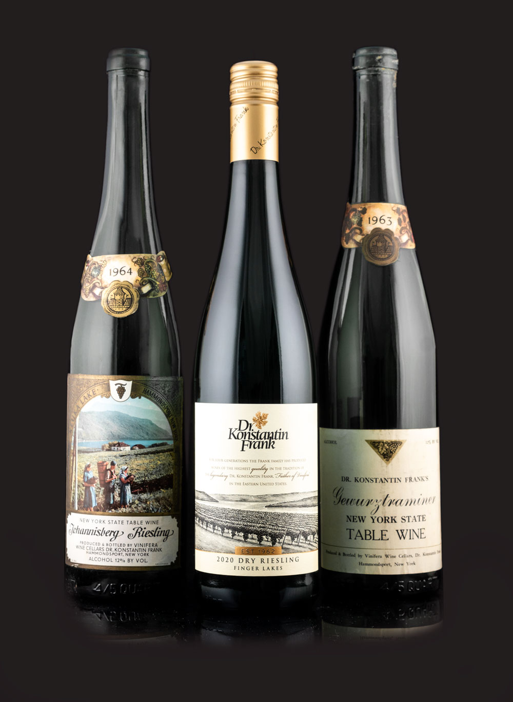 Bottles of 1964 Johannisberg Riesling, 2020 Dry Riesling, and 1963 Gewurztraminer