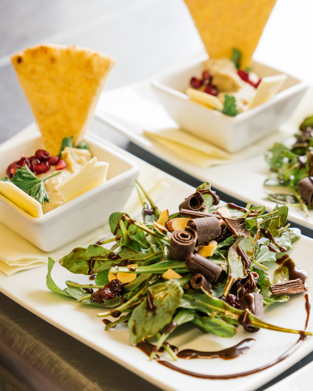 Food pairing White Chocolate Baba Ganoush and Arugula with Chocolate