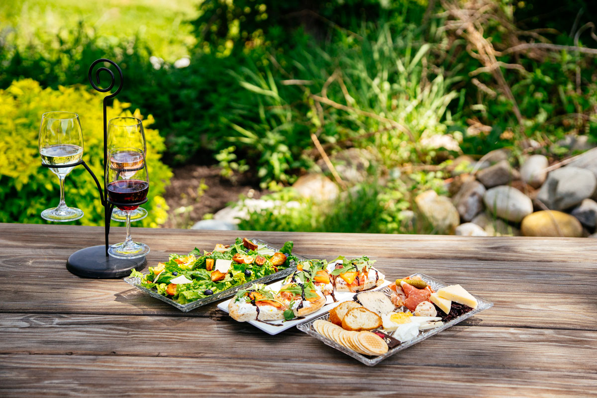 3 garden menu items with a wine flight